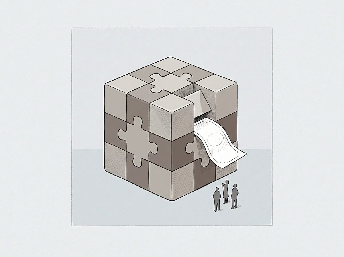 Graphite pencil and fine pen lines form a drawing of three tiny figures observing a modular cube dispensing currency.