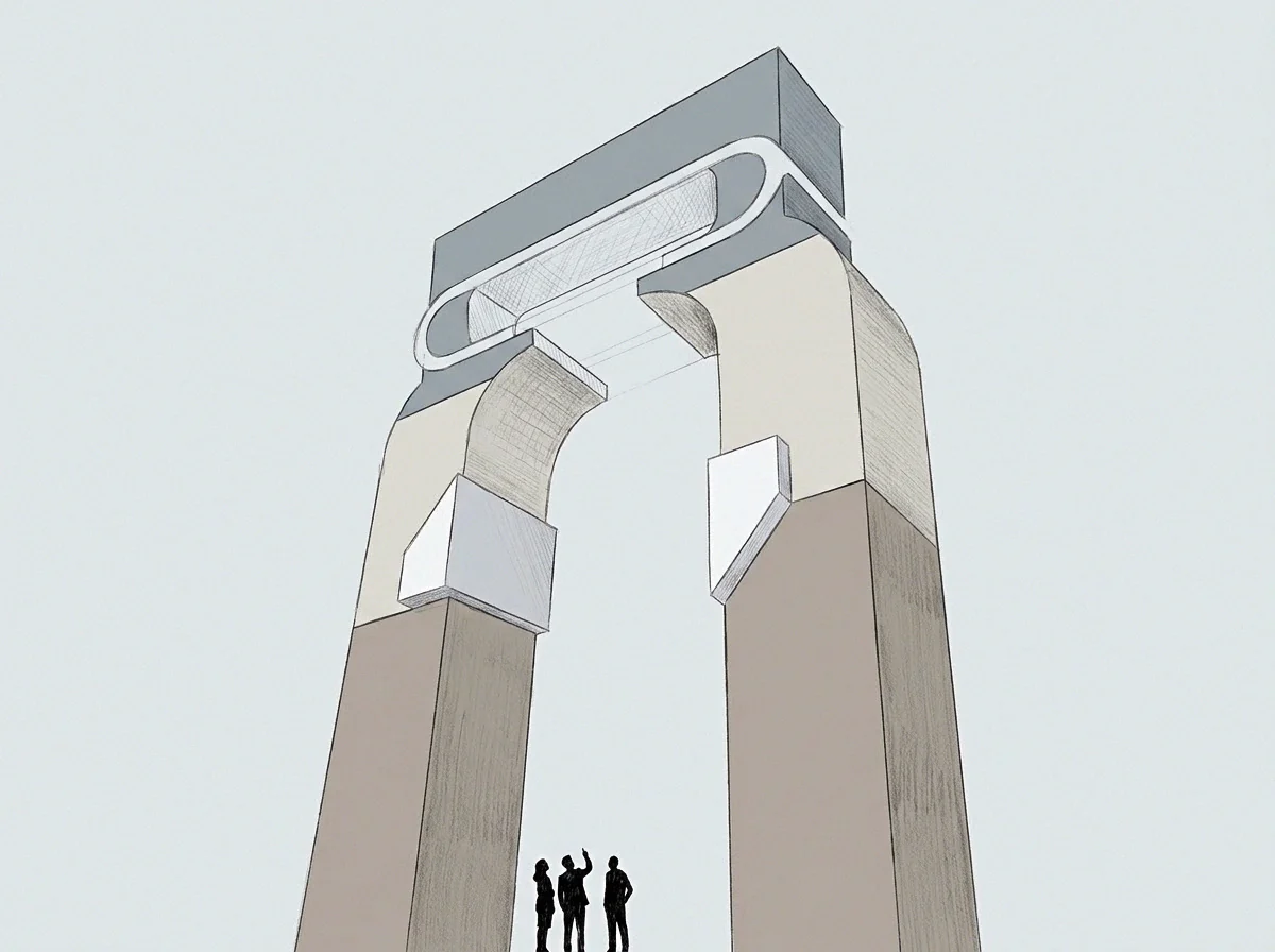 Three figures stand inside a graphite pencil drawing beneath a large structural arch built from stacked modular blocks shaping institutional regulation.