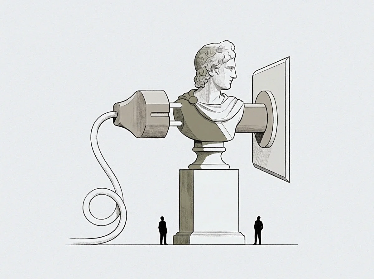 Two tiny figures flank a stone pedestal supporting a classical bust linked by a heavy cable to a wall socket in this graphite drawing.