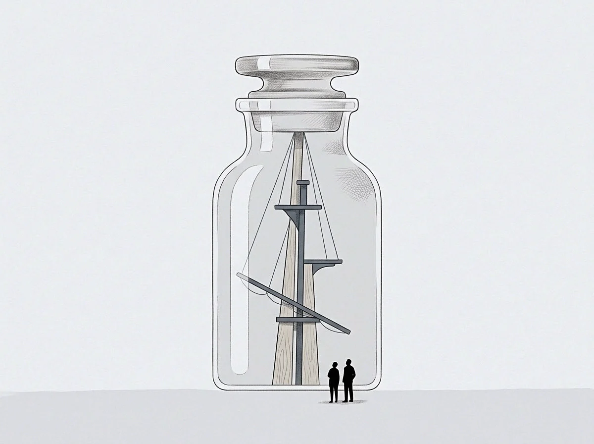 Two figures stand before a large glass container holding a stationary mast structure that constitutes the formal record of an established entity.
