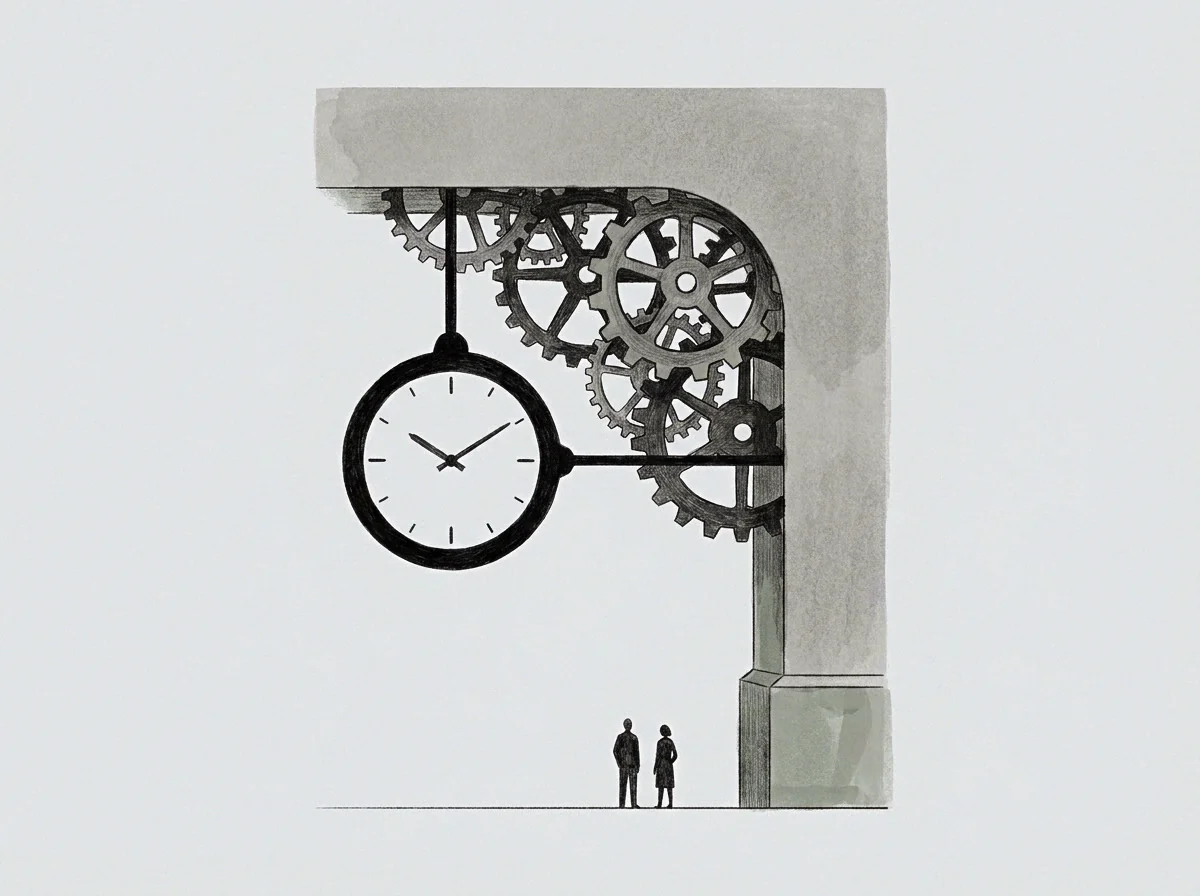 Graphite lines within this drawing define my position beneath a suspended clock mechanism integrated into a geometric corner structure of interlocking gears.