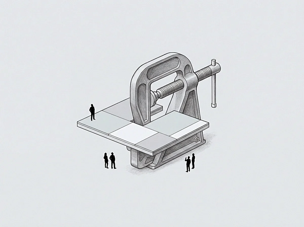 Graphite pencil lines construct a massive tightening tool pressing down upon a segmented platform holding tiny human figures.