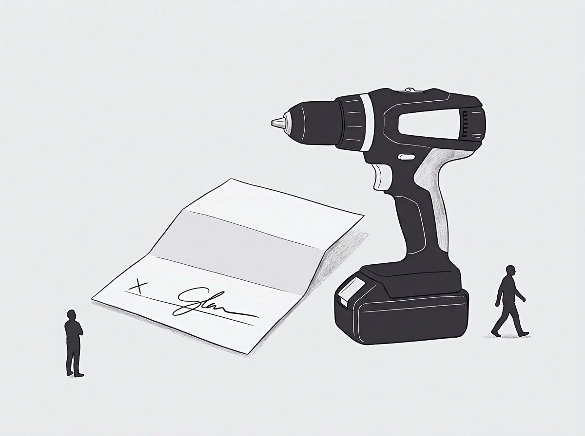 Graphite and pen drawing presents an electric tool and signed document arranged on a plane with two diminutive figures.