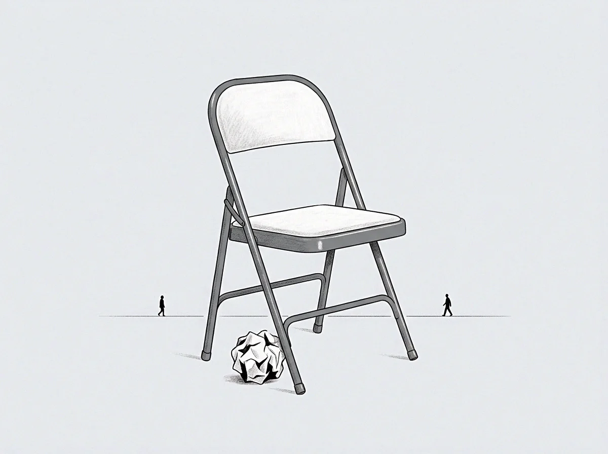 Two tiny human figures flank an oversized metal folding seat that looms over a crumpled paper record resting on the ground.