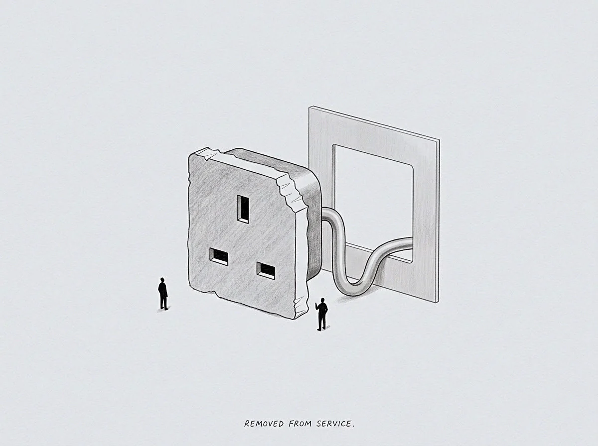 Two diminutive figures stand before an oversized electrical socket block pulled completely out from a wall aperture by its attached conduit.