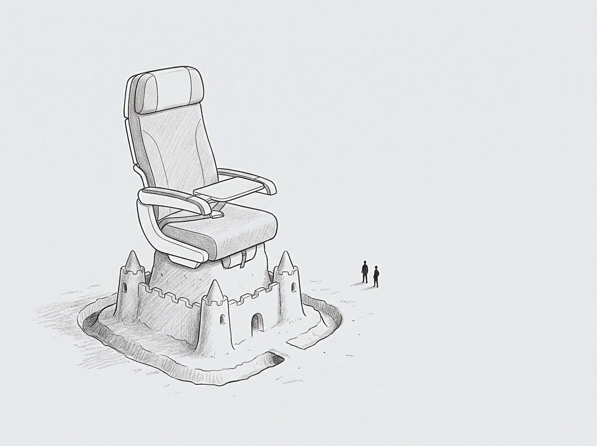 A graphite pencil drawing shows an oversized commercial passenger seat mounted atop a fortified sand structure while two tiny figures stand nearby.