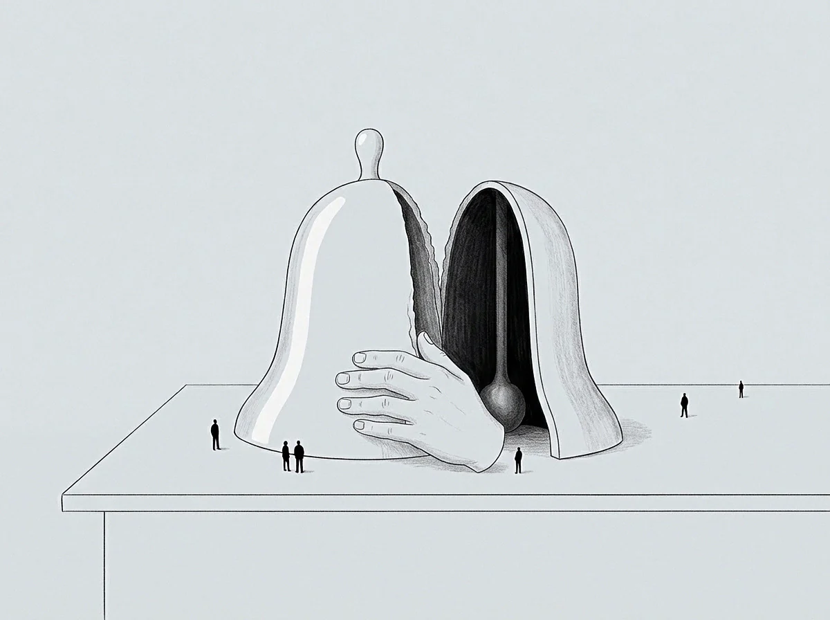 Tiny figures stand before a graphite drawing of a cleaved resonant vessel manipulated by a human hand to expose its internal recording mechanism.
