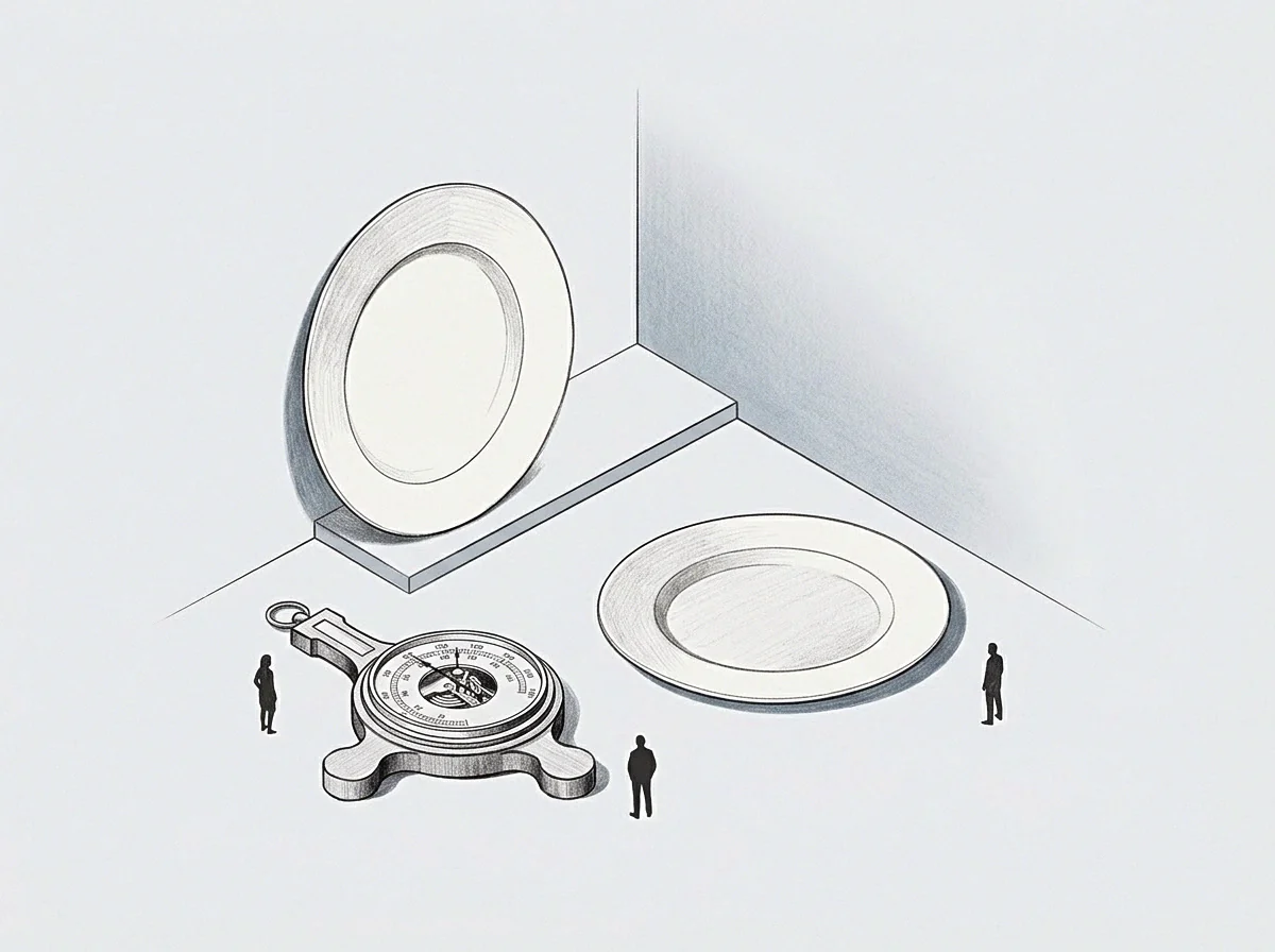 A drawing displays a measuring instrument and two plate shapes in a corner, observed by three small figures witnessing the spatial arrangement.