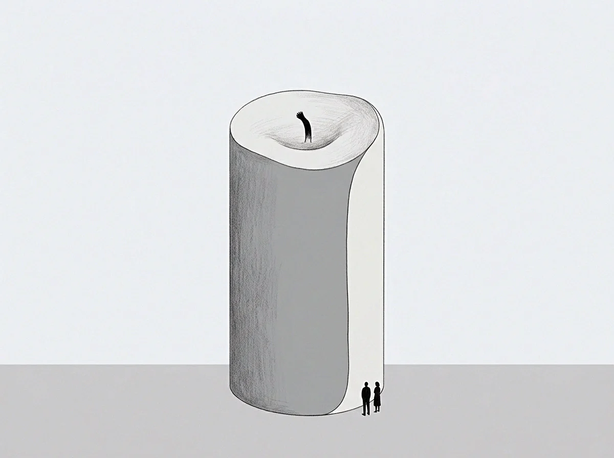 A tall cylindrical structure dominates two small human figures standing at the base of its shaded grey surface.