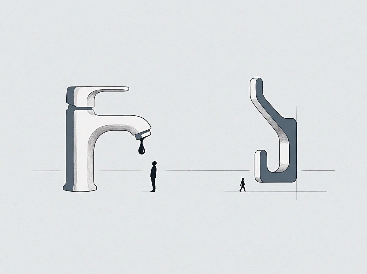 Two graphite sketches juxtapose a monumental water fixture with a falling droplet and a structural wall hook beside tiny human figures.