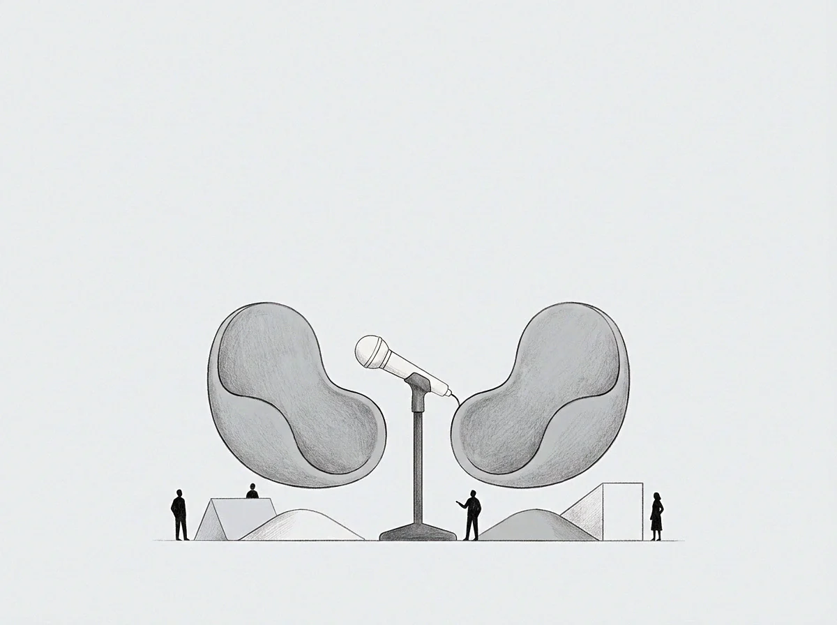 Two suspended pod enclosures flank a central recording instrument while scaled human figures occupy adjacent geometric forms.