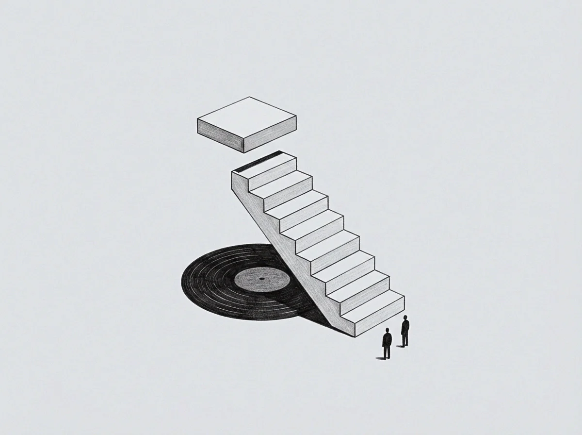 Two figures stand near a stepped structure rising from a recorded disc toward a floating block.