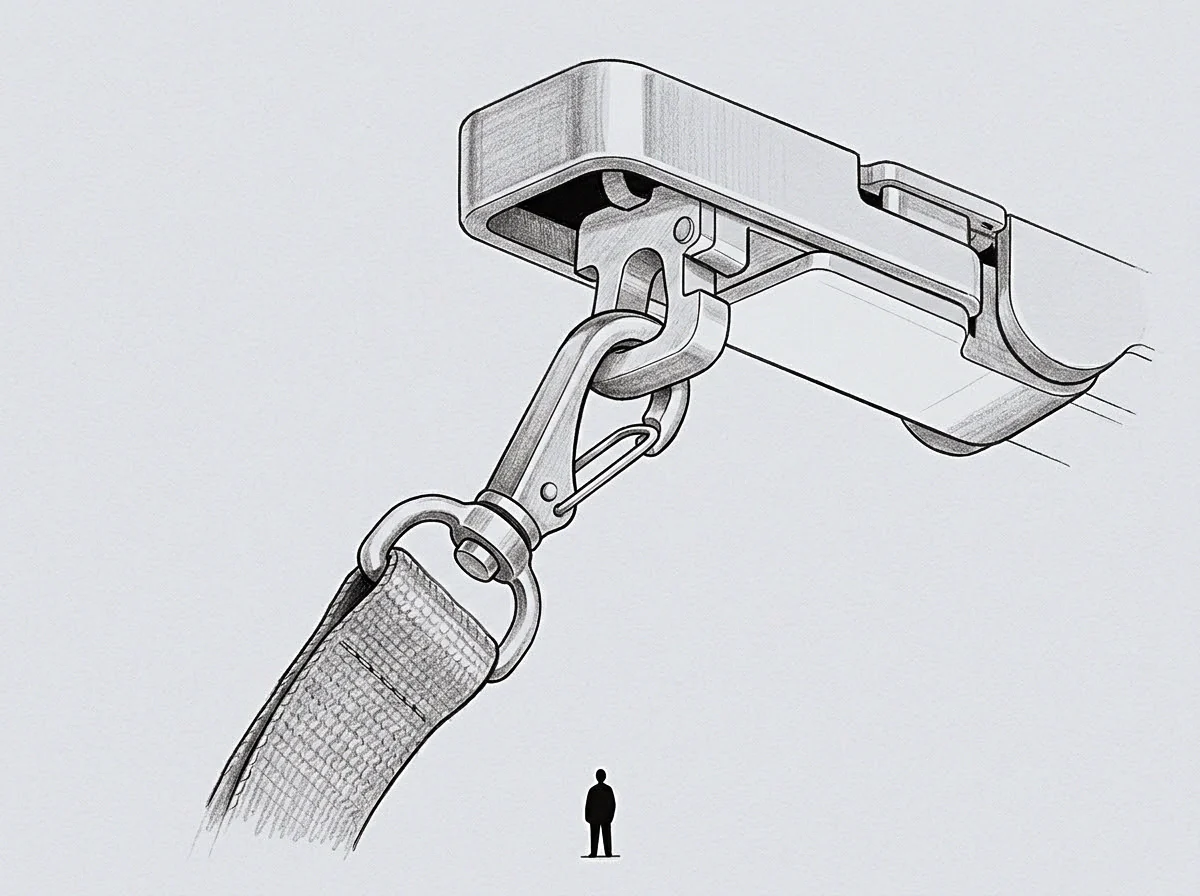 This drawing shows a precisely engineered mechanical coupling component and its attached strap, indicating scale with a human silhouette to highlight its substantial dimensions.