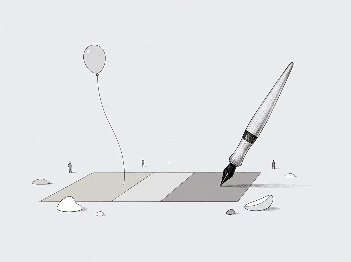 Small figures stand near a large pen marking a structured document while a single inflated balloon floats above the pale plane.