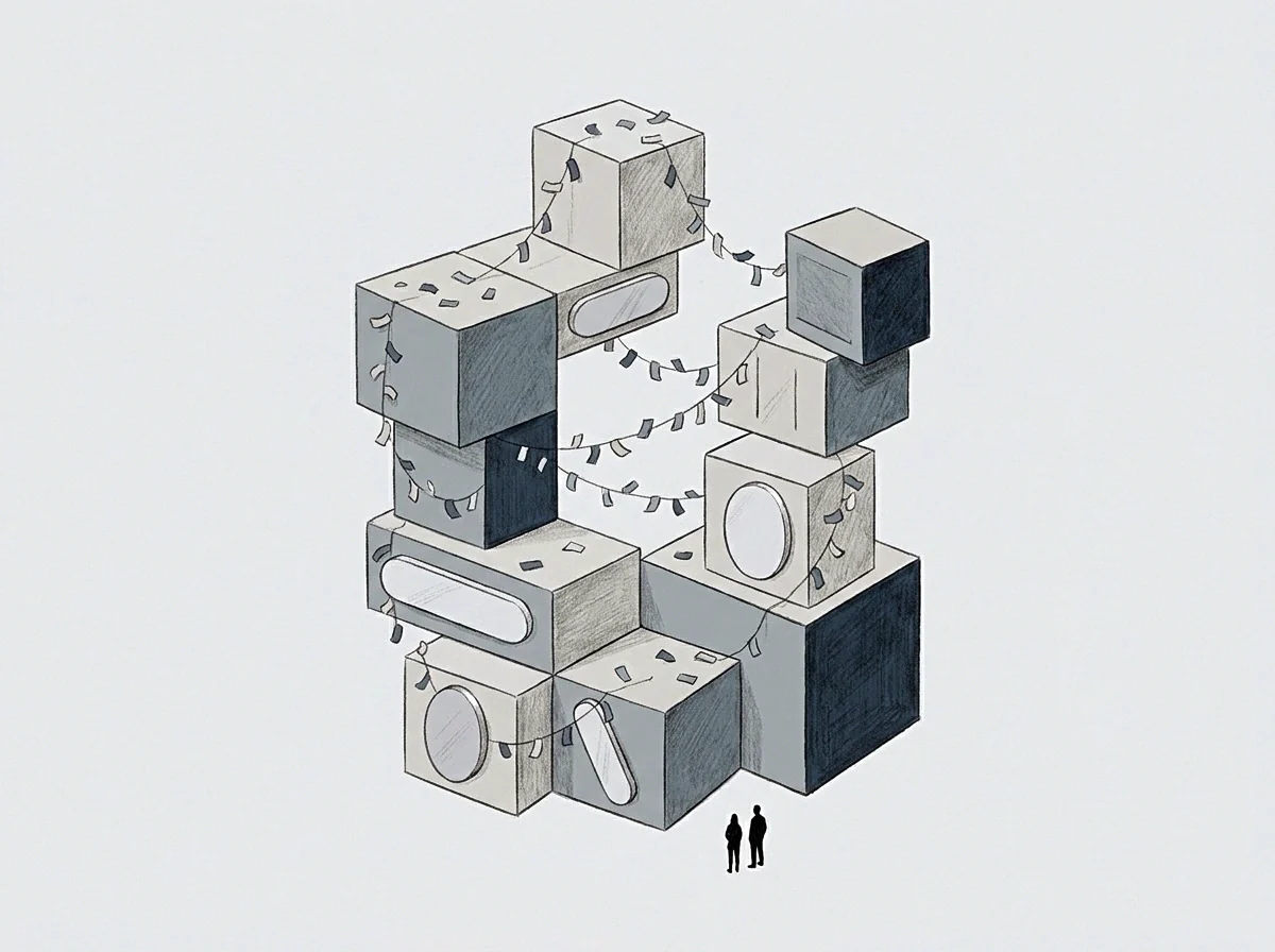 Graphite pencil drawing constructs interconnected modular blocks with tiny human figures standing below the regulatory arrangement.