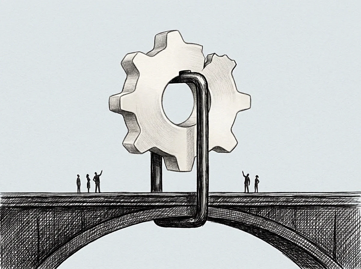 Six figures observe a solitary mechanical gear suspended by a rigid dark frame above a curved structural span.