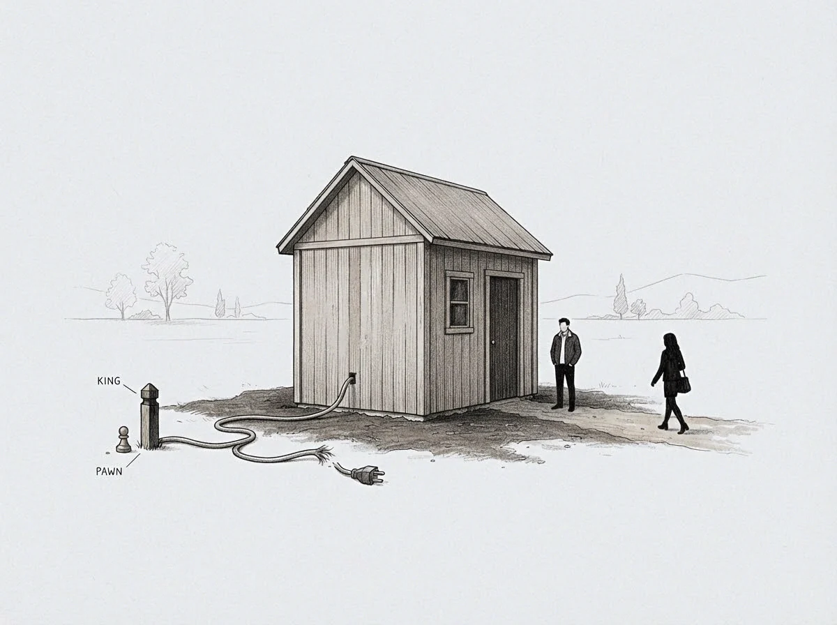 A simple wooden structure receives power via a loose cord connected to two static game pieces while a man and woman stand nearby.