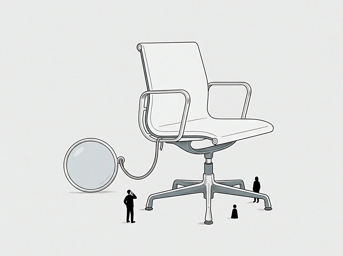 Towering executive seat anchors a flat pale floor while tiny figures evaluate a tethered measurement sphere.