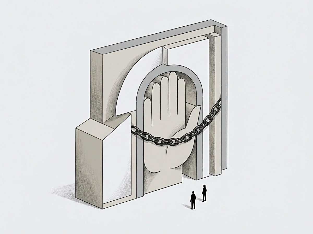 Two small figures stand before a giant hand in this drawing, encased within a geometric archway and secured by a heavy metallic chain.