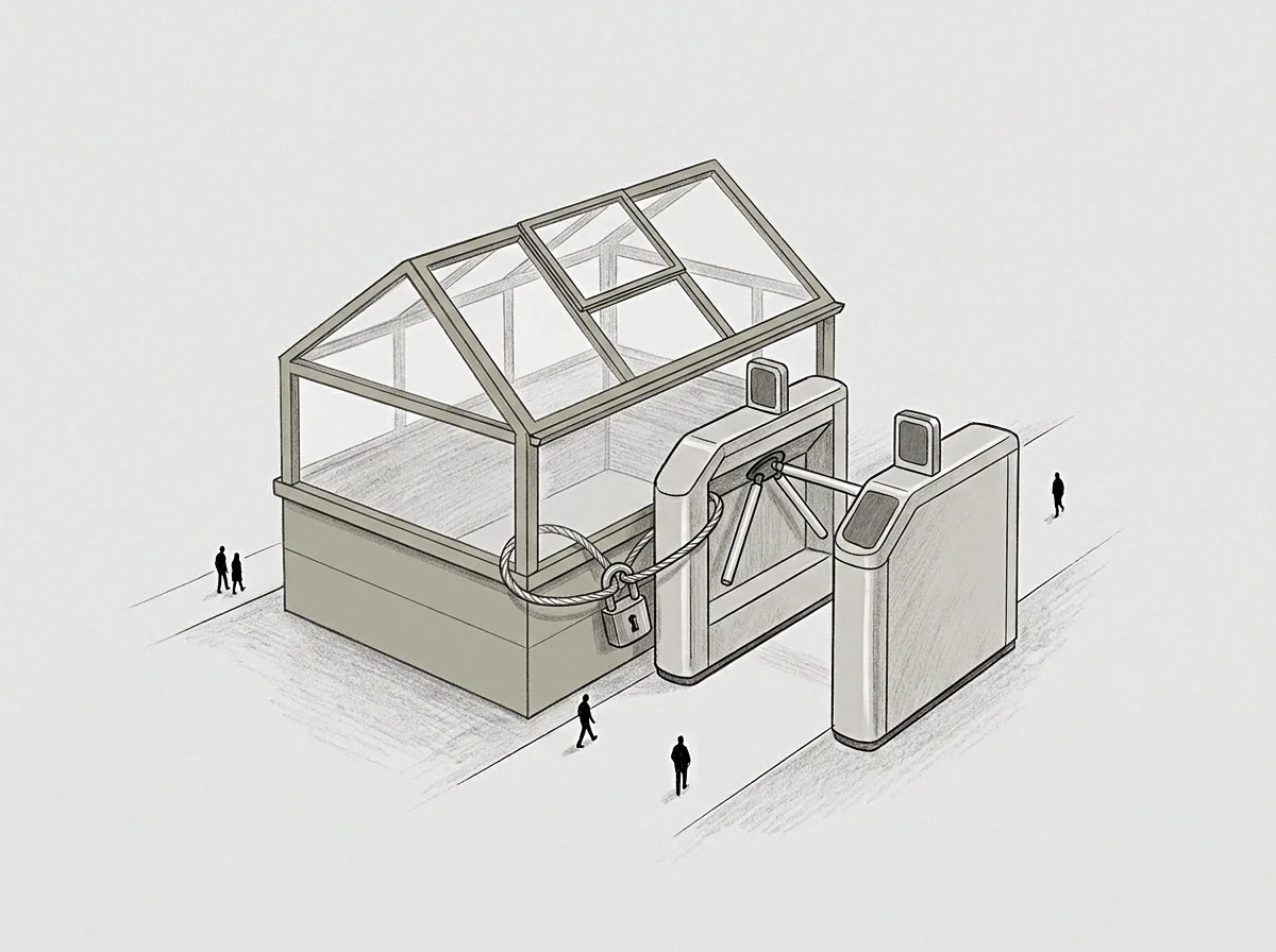 The drawing shows a secured corporate asset adjacent to locked access points, observed by small figures.