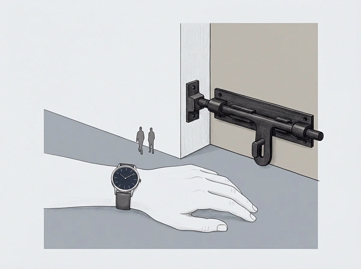 A hand wearing a wristwatch rests near a wall mounted slide bolt while two small distant figures walk across a grey floor.