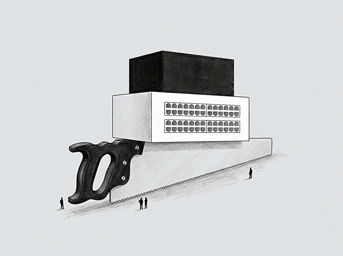 A handsaw lies horizontally as a heavy network switch balances upon its blade while small figures observe from the surrounding ground.