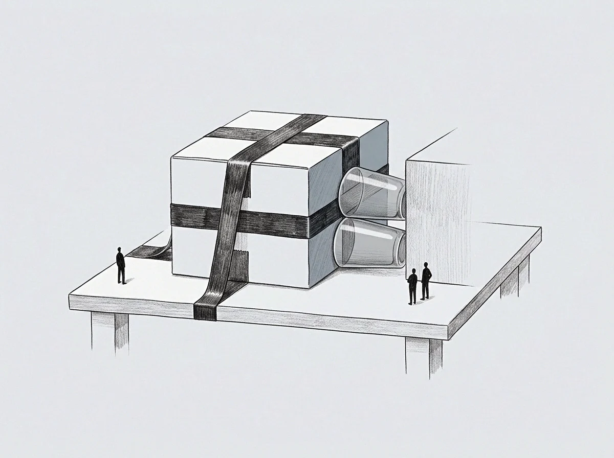 Three figures observe a large box secured to a structure with adhesive tape as the connection point is checked for alignment and spatial regulation.