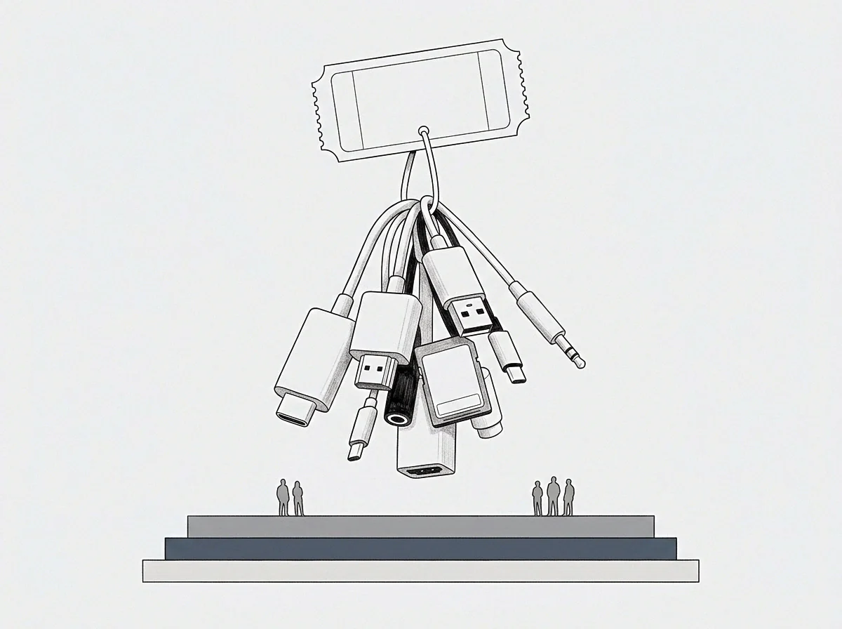 A graphite drawing presents diverse regulatory connectors and exchange adapters hanging from a ticket above diminutive figures on tiered architectural surfaces.