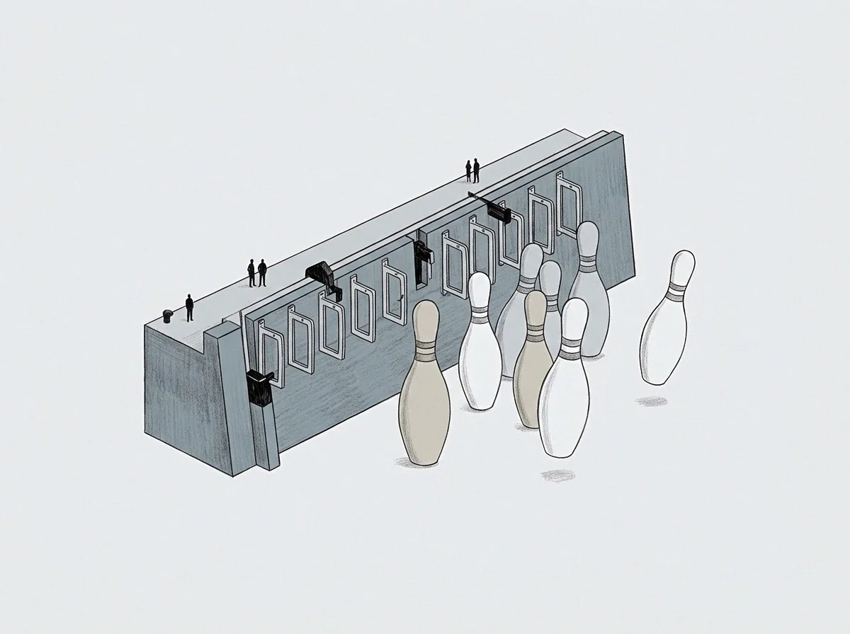 Tall barrier walls incorporate sliding frames that monitor weighted objects as they tumble past observers positioned on a high vantage point above the floor.