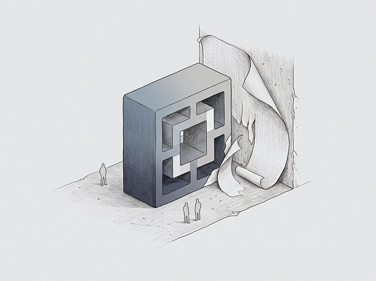 Three small figures stand on a flat surface observing a segmented geometric structure as it peels back a layer of the surrounding wall.