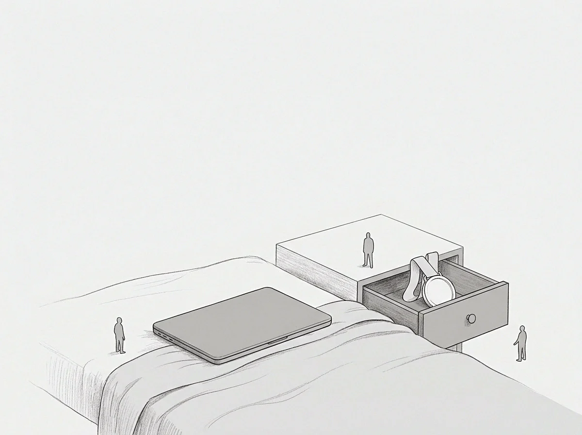 Tiny figures stand near a closed laptop resting upon rumpled bedding beside a small table holding an open drawer containing a medal.
