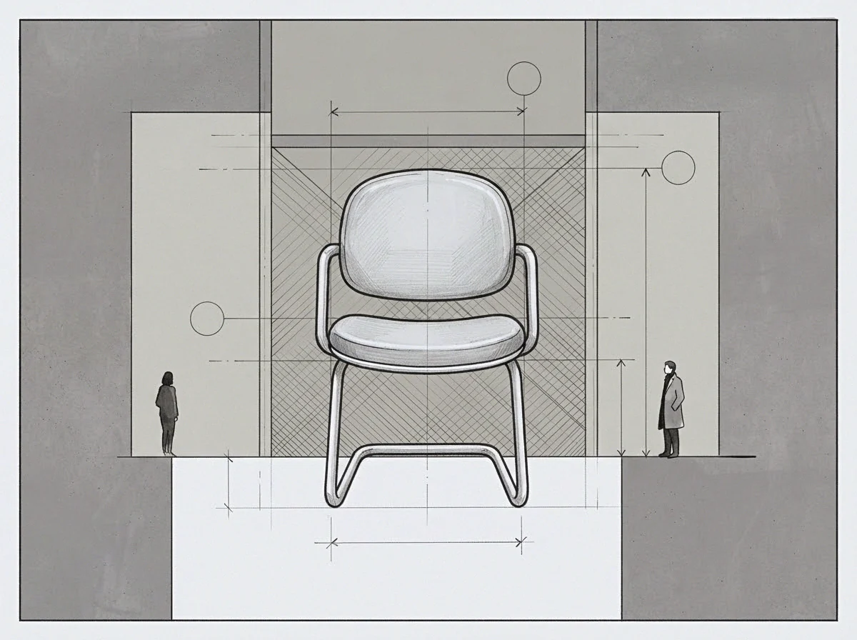 Graphite drawing lines define an oversized chair amidst technical grids and measurement notations while two tiny figures stand stationary on the ground planes.