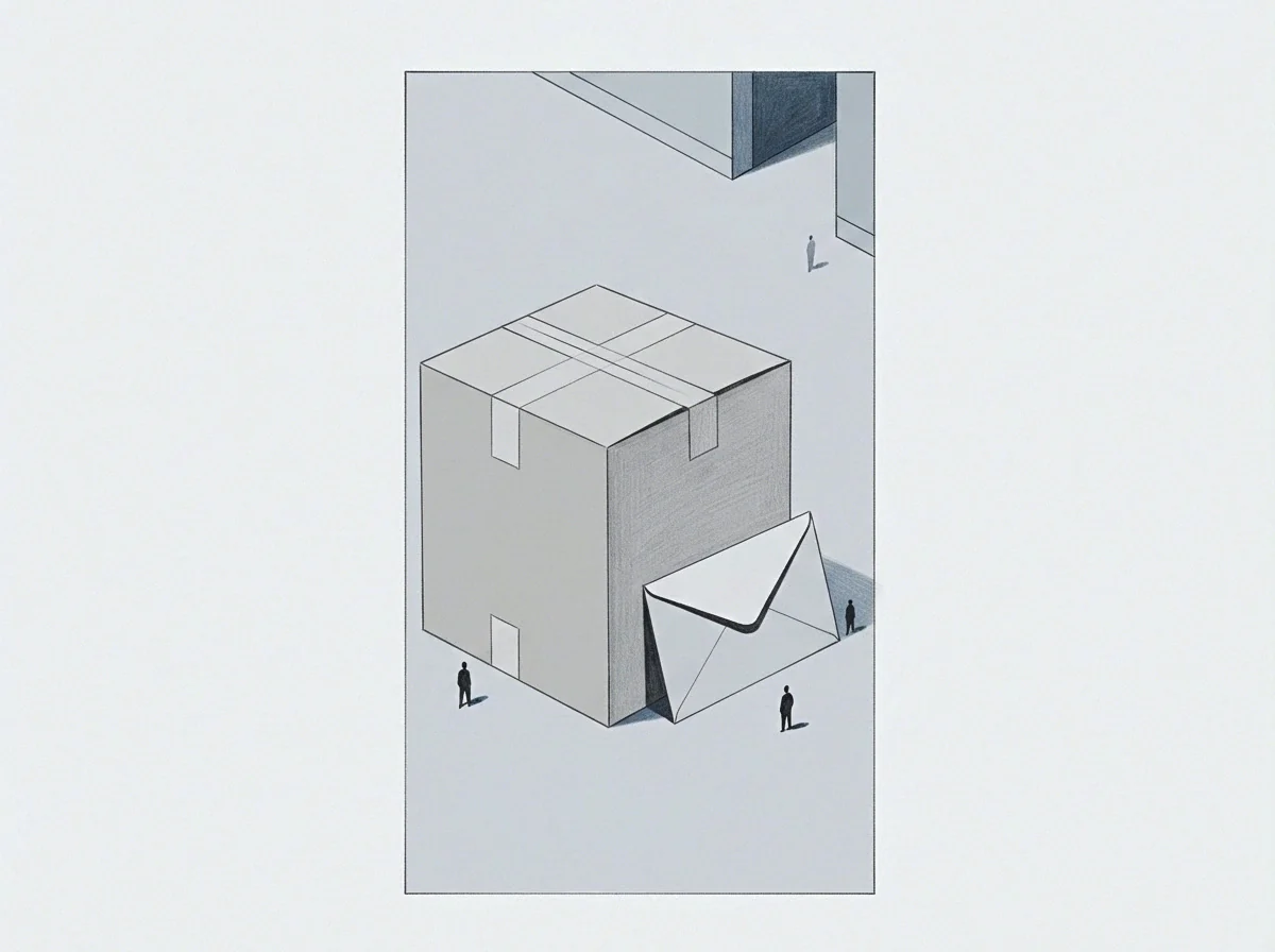 A large cardboard box sits beside an oversized envelope while small figures stand on a flat ground observing the formal arrangement.
