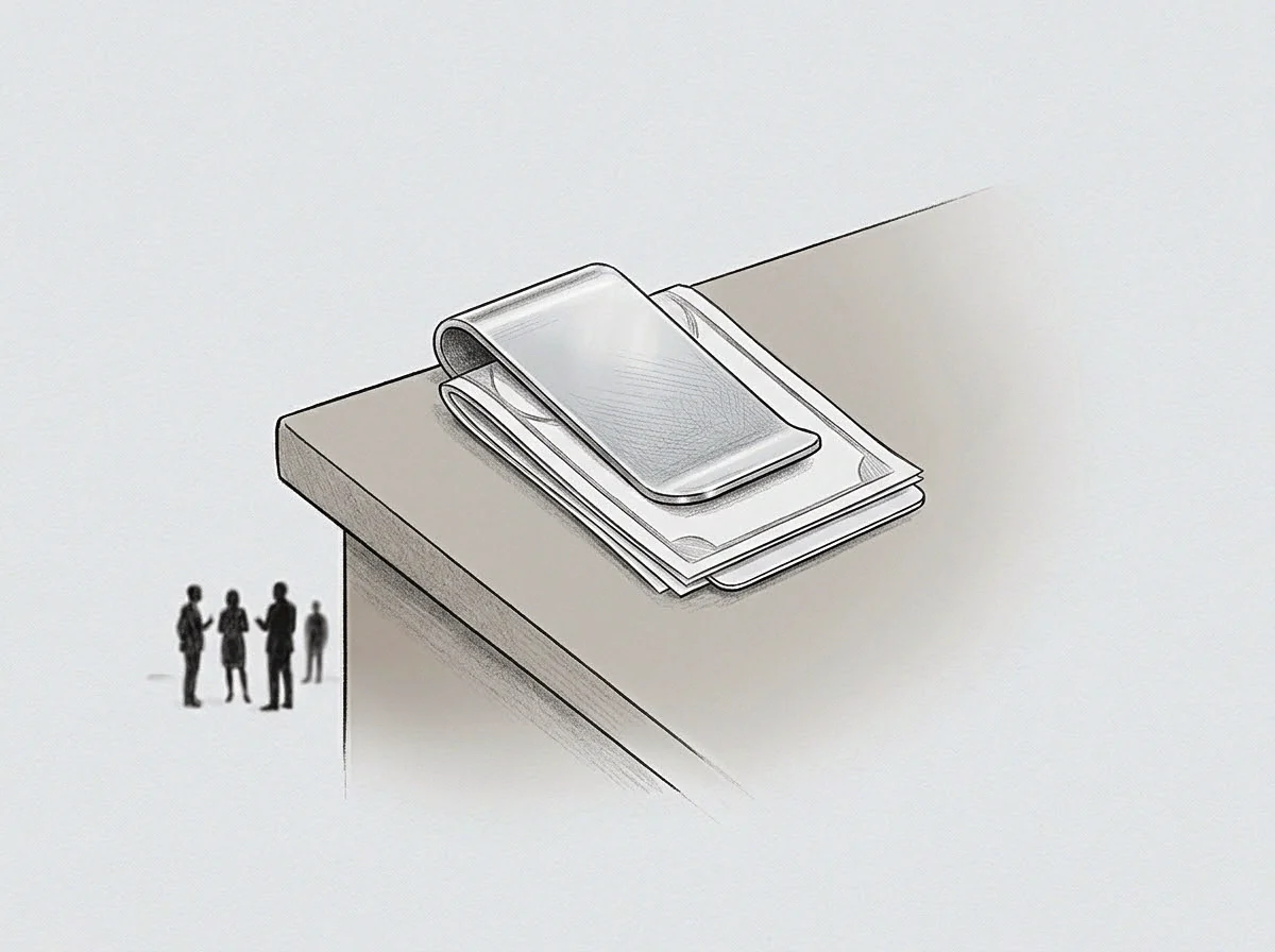 A metal clip holds folded currency bills on a table corner beside a small group of silhouetted figures.