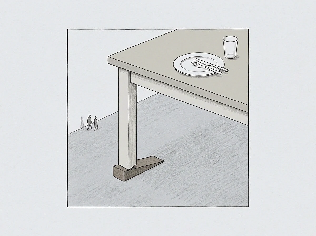 A drawing shows a table leg propped by a wedge and a setting for a meal, with small figures walking in the background.
