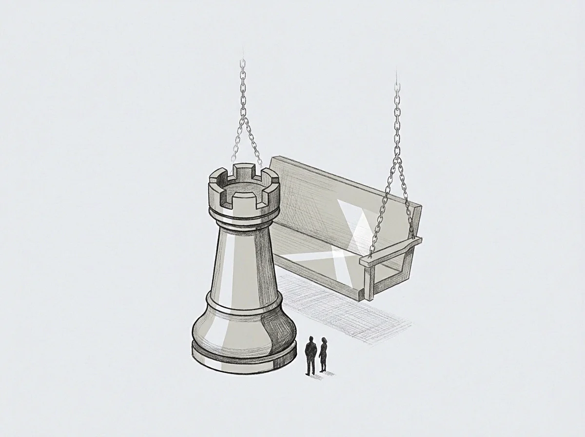A giant rook chess piece sits on the ground beside a suspended wooden swing bench with two tiny standing figures looking on.