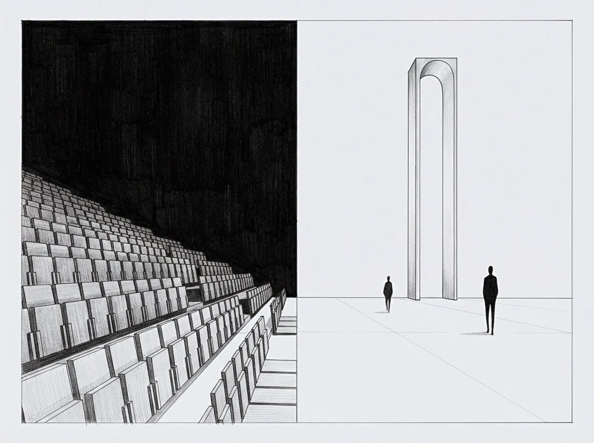 Tiered rows of empty seats rise into impenetrable shadow beside an immense architectural arch where tiny figures stand in open space.