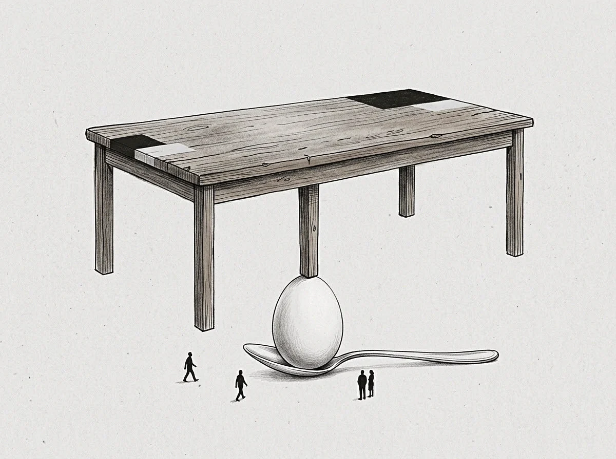 Tiny figures stand around a precarious table leg resting on an egg held in a spoon within this graphite drawing.