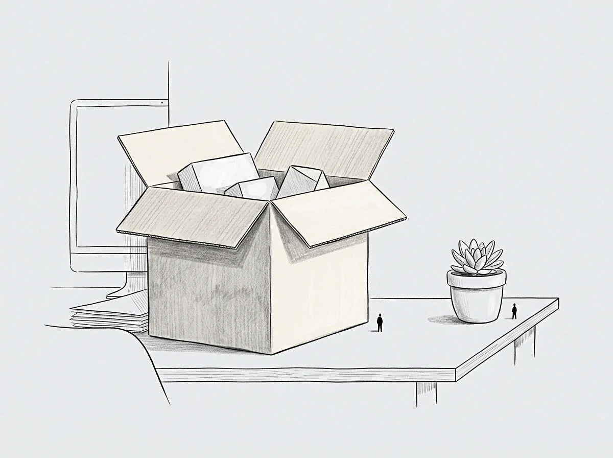 Tiny figures stand beside a large packing box sitting on a desk near a computer display and a small potted plant.