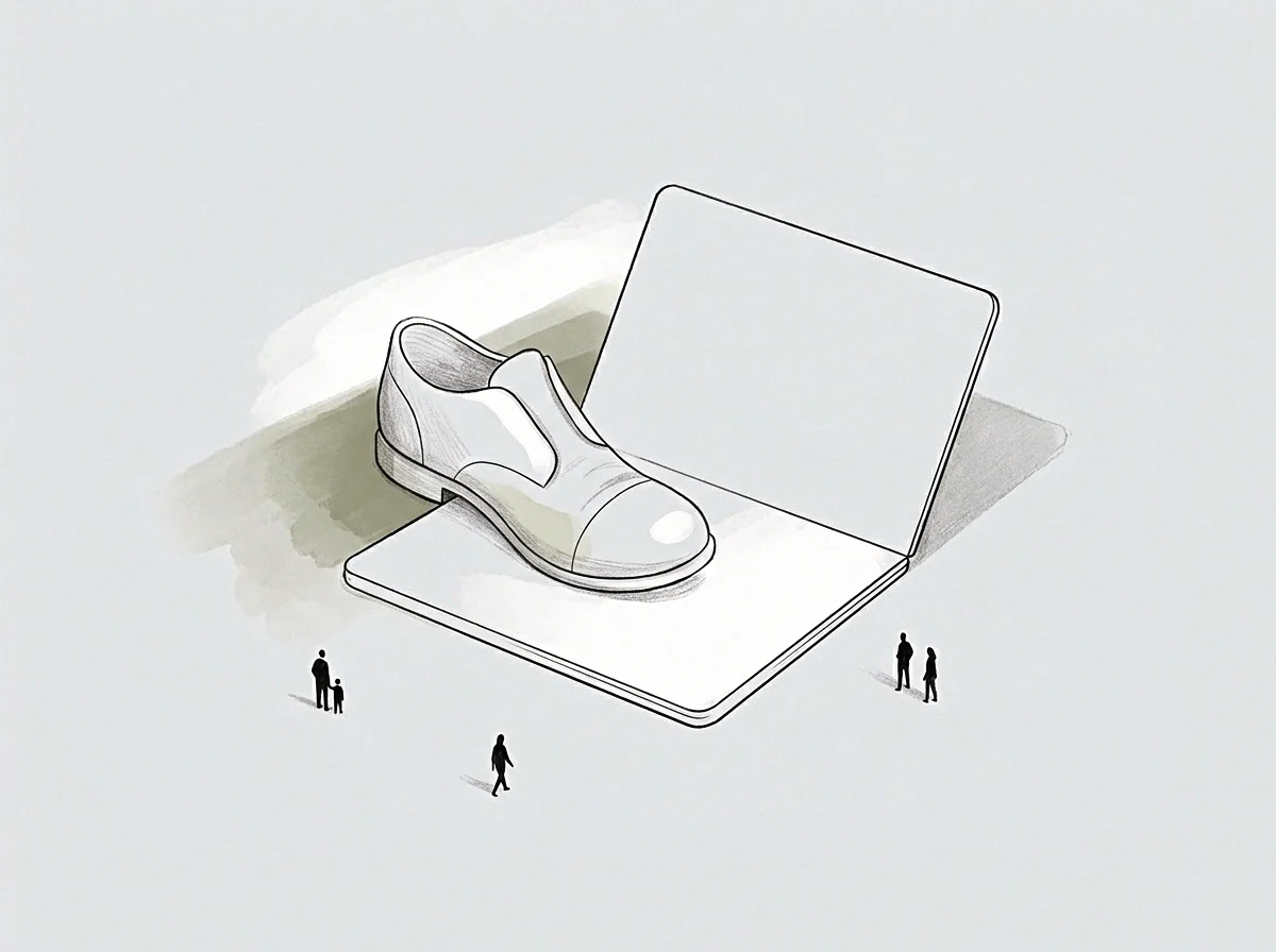 A precise drawing features an oversized footwear model resting upon an open record ledger with minuscule human figures gathered below.