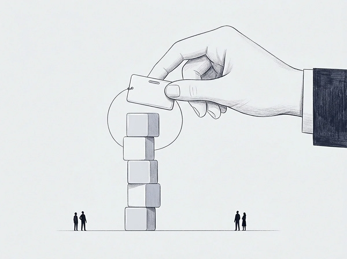 Five stacked blocks rise between tiny figures while a large suited hand holds a rectangular tag above the vertical column.