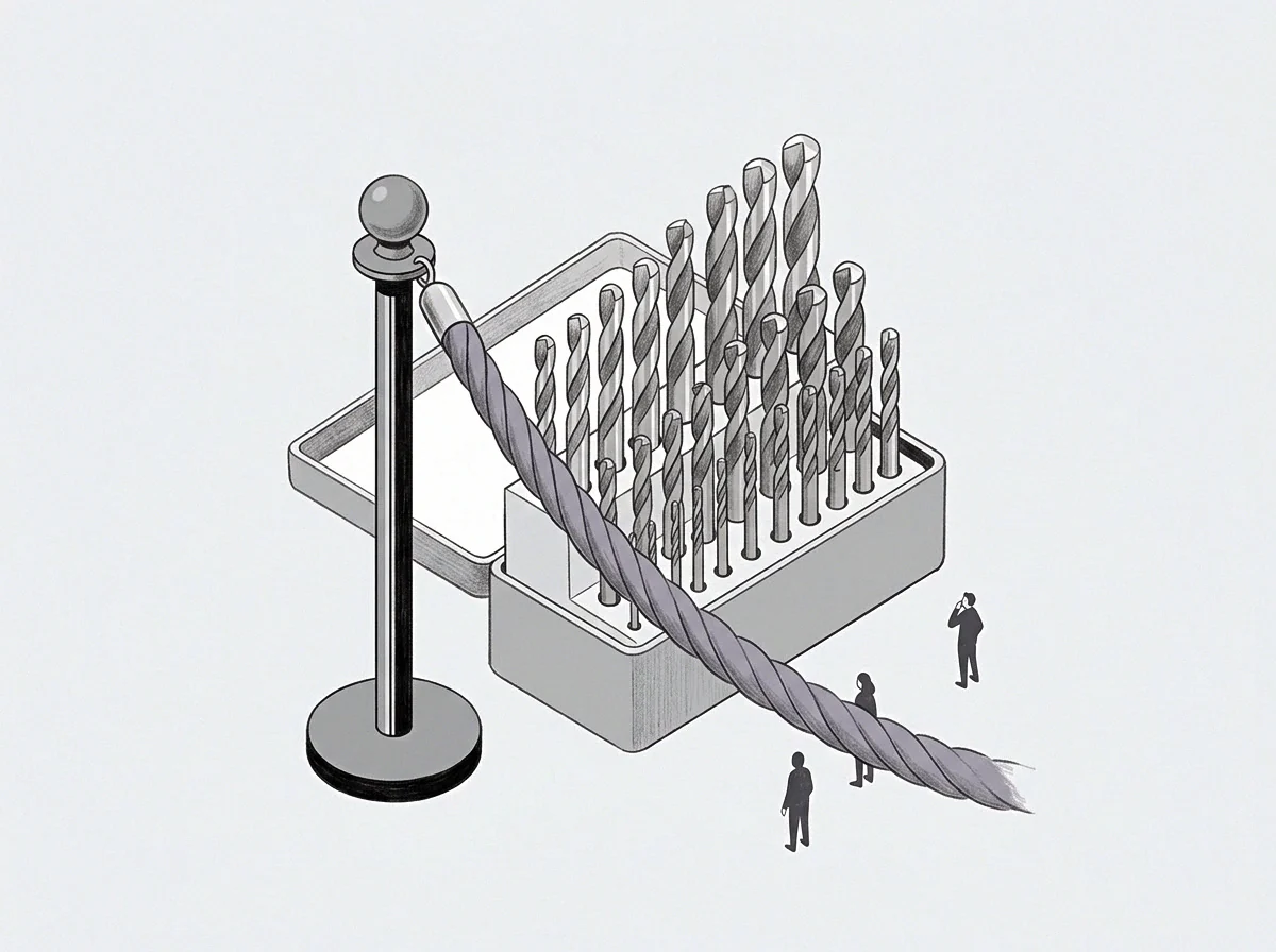 A metal stanchion stands beside a case of twist drill bits while three small figures look on from behind a thick rope.