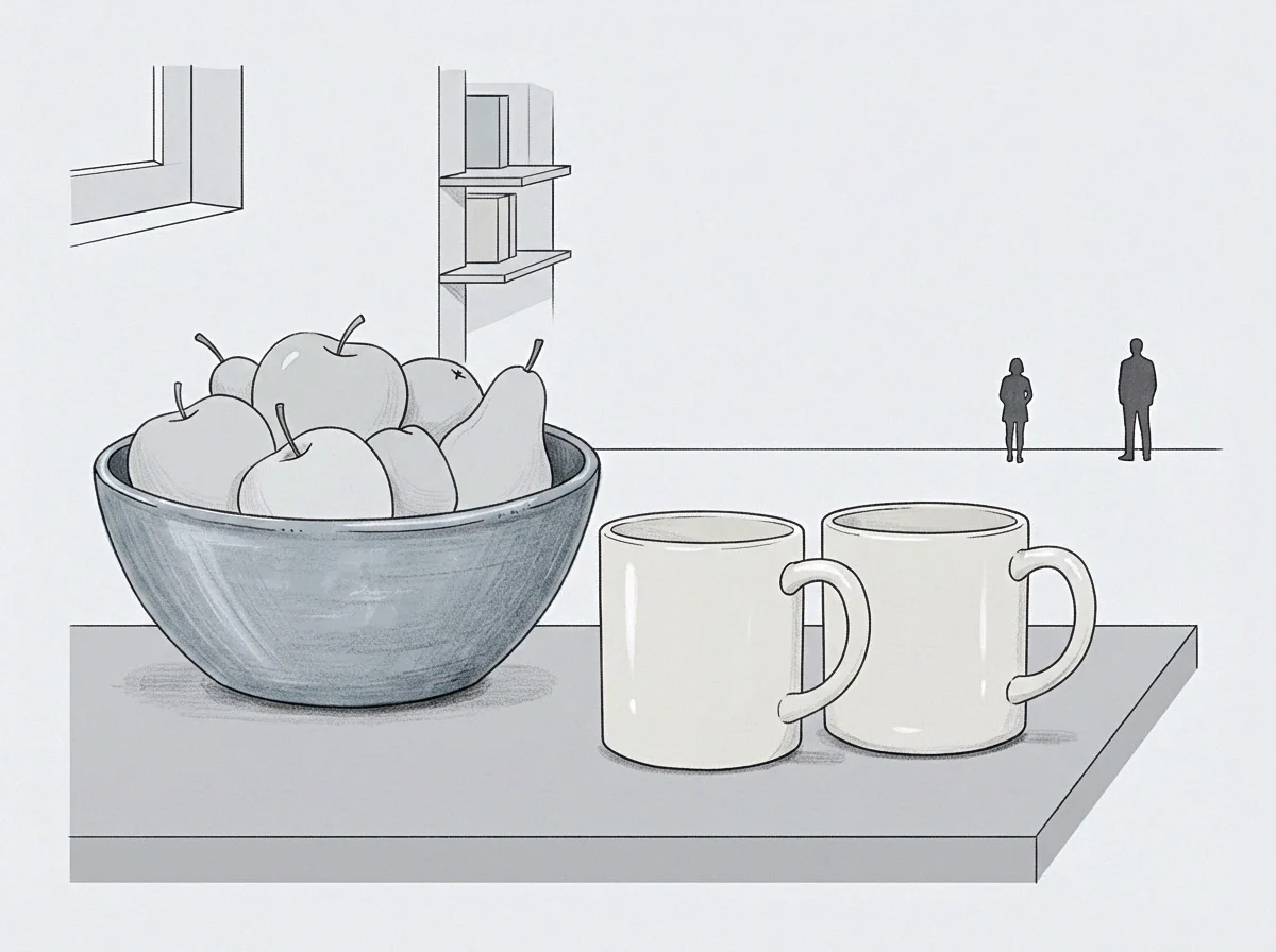 A ceramic bowl containing assorted fruit and two plain mugs sit upon a flat ledge before two small silhouettes standing in the distance.