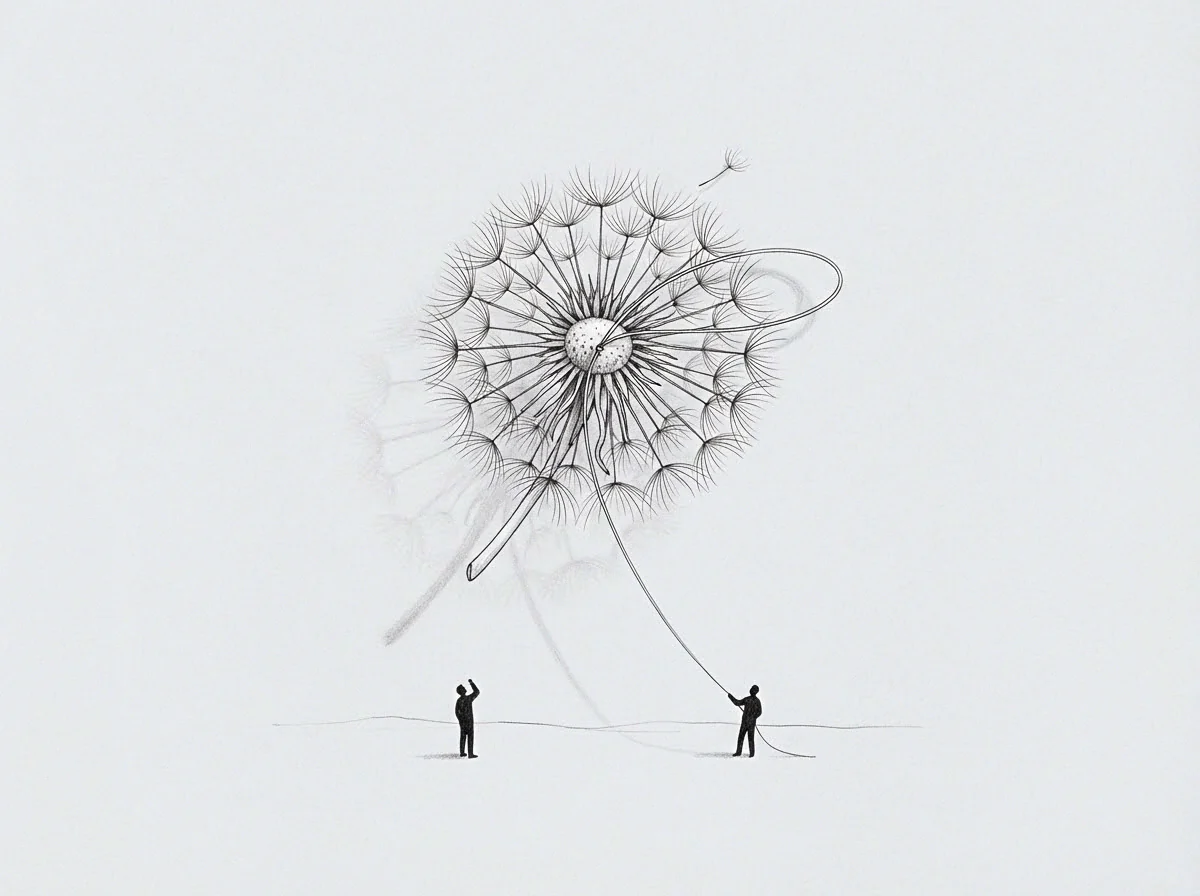 The drawing shows two founders guiding a large dispersed record structure, its many parts tethered and directed by fine lines.