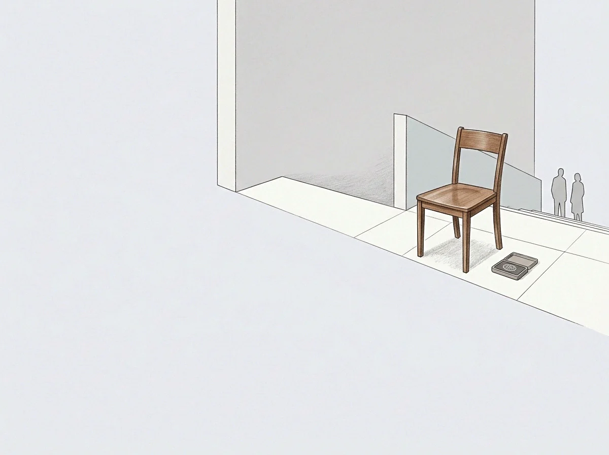 Graphite and pen drawing positions an empty wooden seat on a landing with distant small figures and a regulation case.