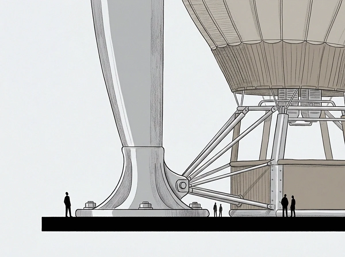 Tiny human silhouettes stand beside massive bolted metal supports and a towering institutional framework designed for structural measurement.