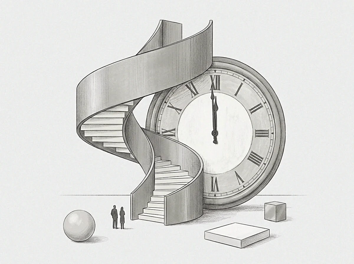 Two figures stand beside a monumental ascending structure and a towering timepiece flanked by geometric forms on a grey plane.