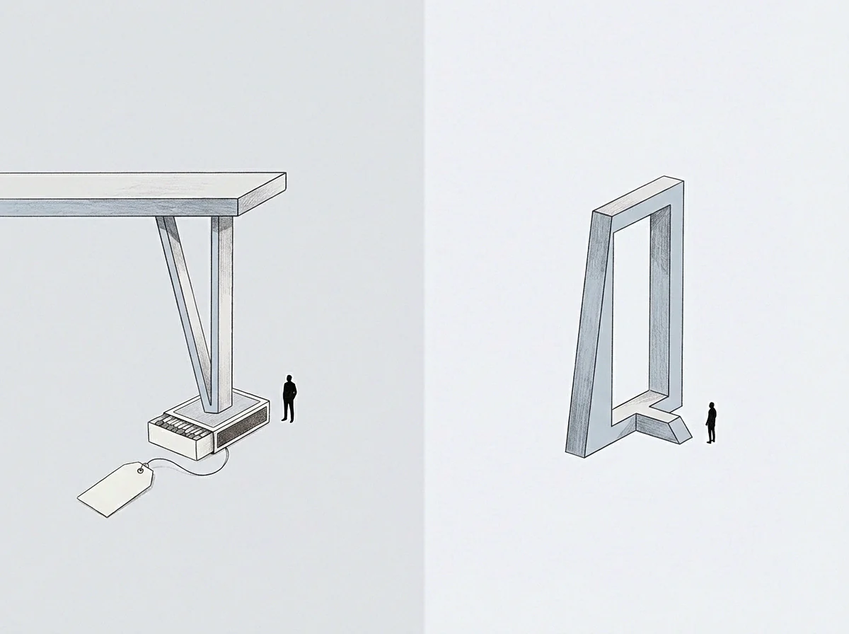 Graphite drawing pairs a suspended architectural plane supported by a matchbox with a monolithic vertical frame beside tiny human figures.