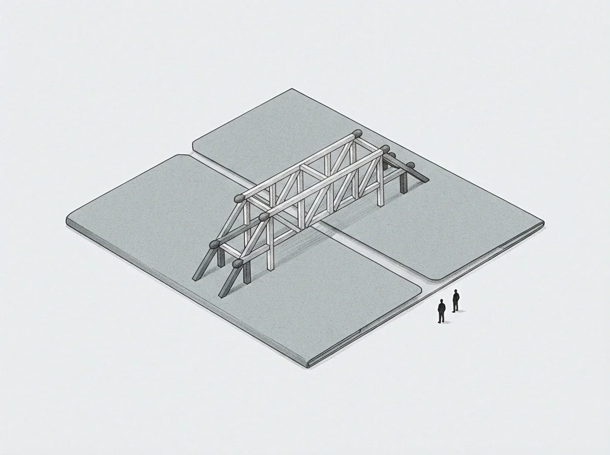 Graphite drawing features matchstick trusses spanning the chasm between two grey surfaces as two small figures observe the temporary construction from a distance.