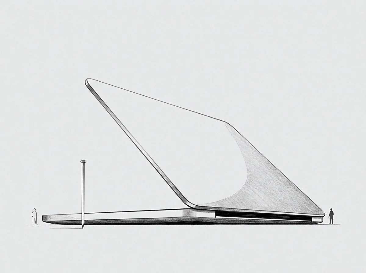 Two diminutive figures flank a large inclined plate and a vertical pin rendered in graphite on neutral ground.